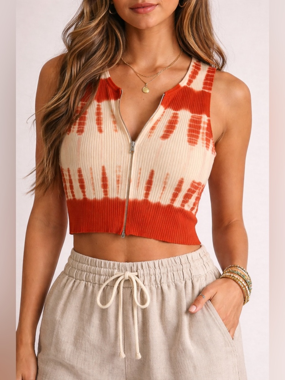 Storia Tie Dye Zip Front Cropped Tank Top Small Y2K